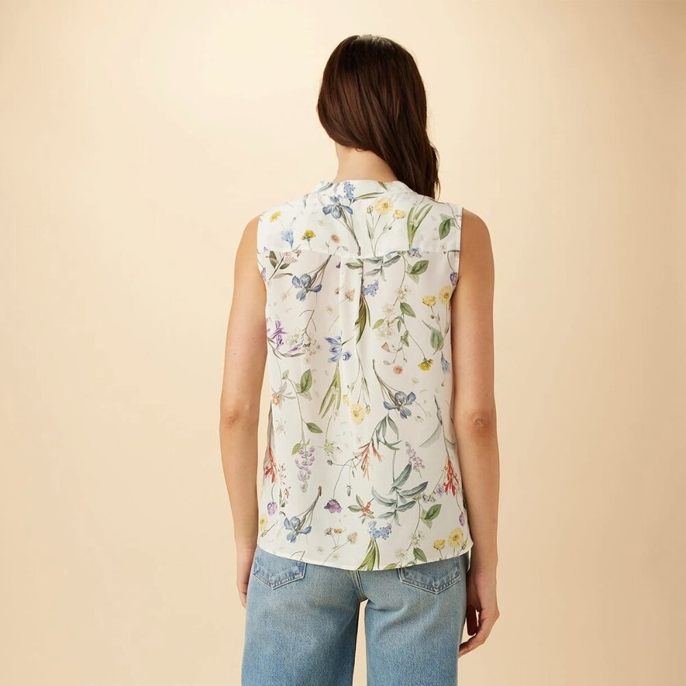 Amour Vert 100% Washable Silk Sleeveless Blouse in Botanical Floral Print - Picture 6 of 7